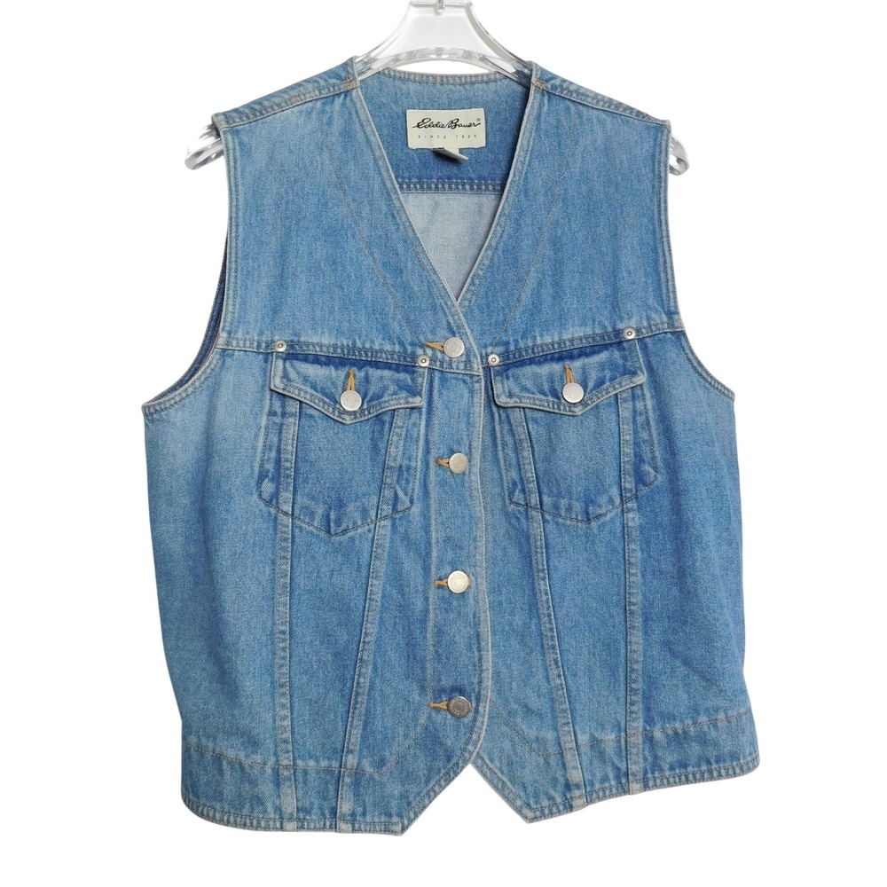 Eddie Bauer Denim Vest Womens Medium Blue Vintage Button Up V-Neck Cotton